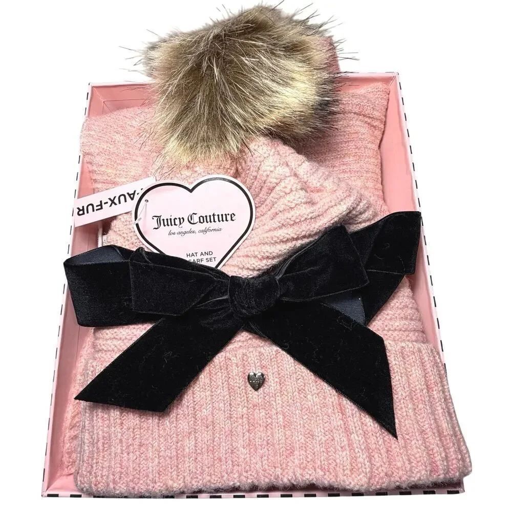 NEW IN BOX 2 Piece Juicy Couture Pink Hat Faux Fur & Scarf Gift Set Cozy Comfy